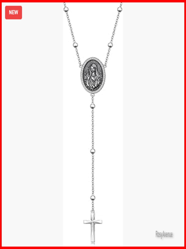 Sterling Silver Rosary Virgin Mary Cross Pendant Necklace Adjustable Chain